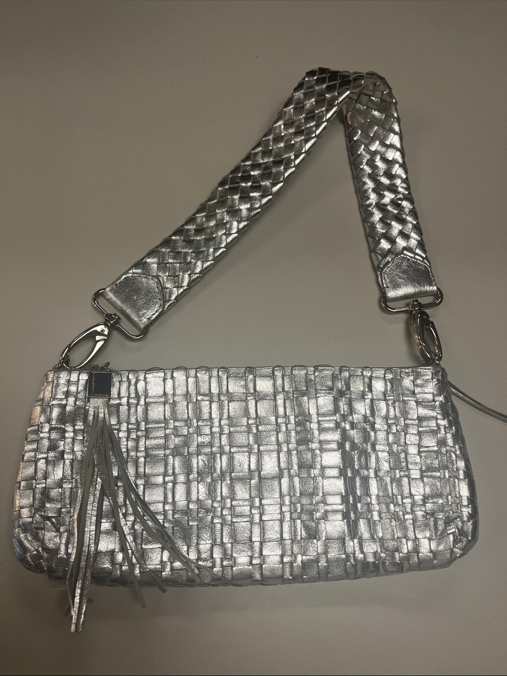 Elliott Lucca Silver Woven Metallic Clutch wTassel Removable Strap